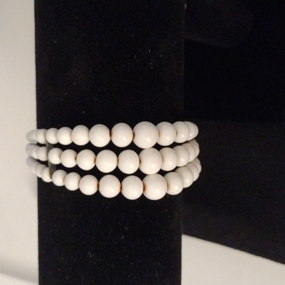 Vintage Original Milk Glass Bead Multi Strand Flexible Cuff Bracelet